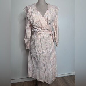 NWT Vtg Pink Floral Lace Robe Wrap Gown Ruffle Collar Romantic Cottagecore